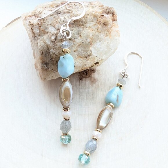 Sterling Silver Larimar Blue, Shell and Labradoritr Stone Drop Earrings - Picture 3 of 6